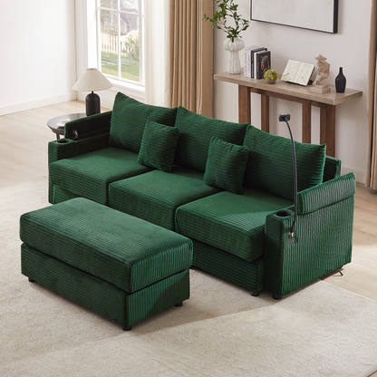 95.3" Modern Style 3-Seater Sofa Sectional Sofa Couch with Storage Space, A Movable Ottoman, Two USB Ports, Two Cup Holders, A Phone Holder for Living Room, Green