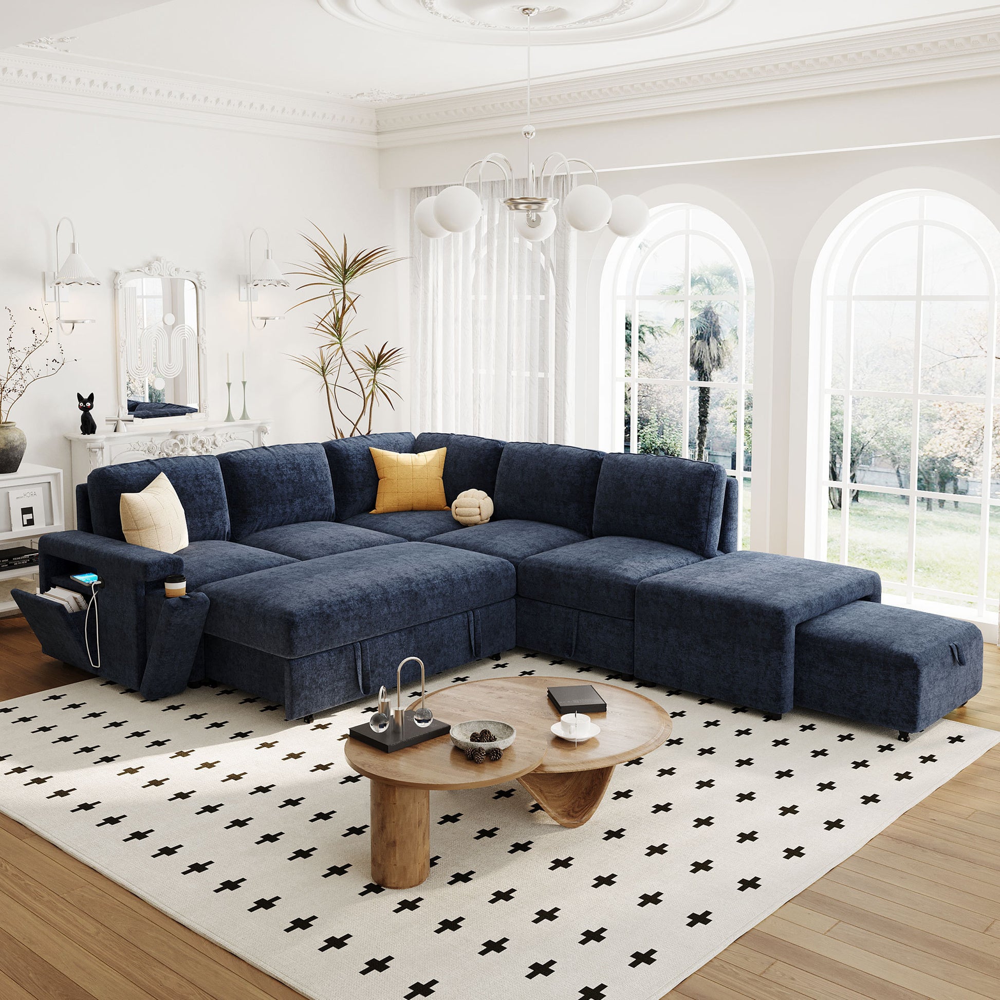 U_STYLE  L-shaped Padded Modular Sofa with Storage Space, USB Ports, and Cup Holders on the Armrests, Suitable for Living Rooms, Offices, and Apartments.