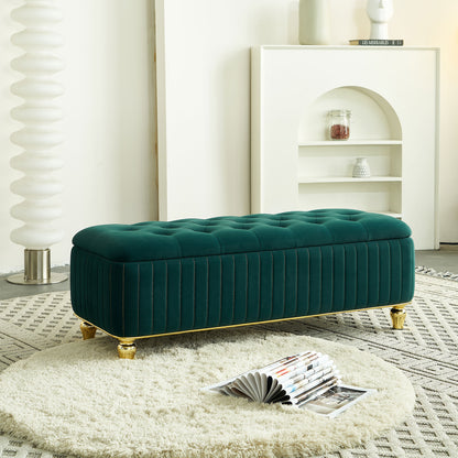 47.24''W Storage Ottoman,Upholstered Velvet Fabric Storage Ottoman with Safety Hinge, gold decoration strip and gold embroidery Footstool, Ottoman Bench for Living Room & Bedroom,Green Color