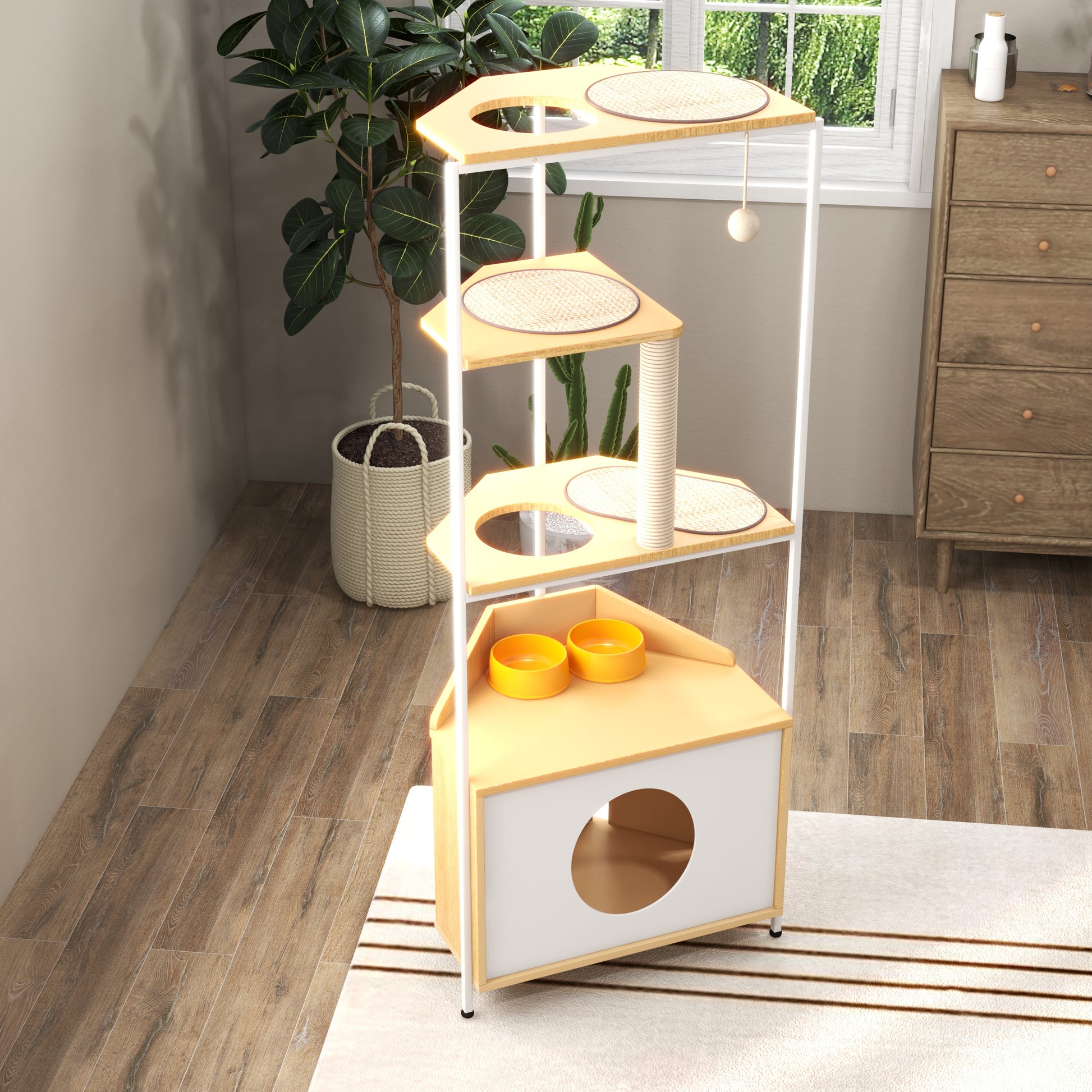 Corner Cat Tower, Cat Tree with Scratching Post, Cat Condo with Feeding Station and Climbing Platforms, Pet Furniture for Indoor Cats