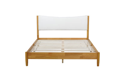 Queen Size  Rubber Wooden , Solid Wooden Bed with Teddy Velvet Cushion Upholstered Headboard, Enhanced by Support Feet