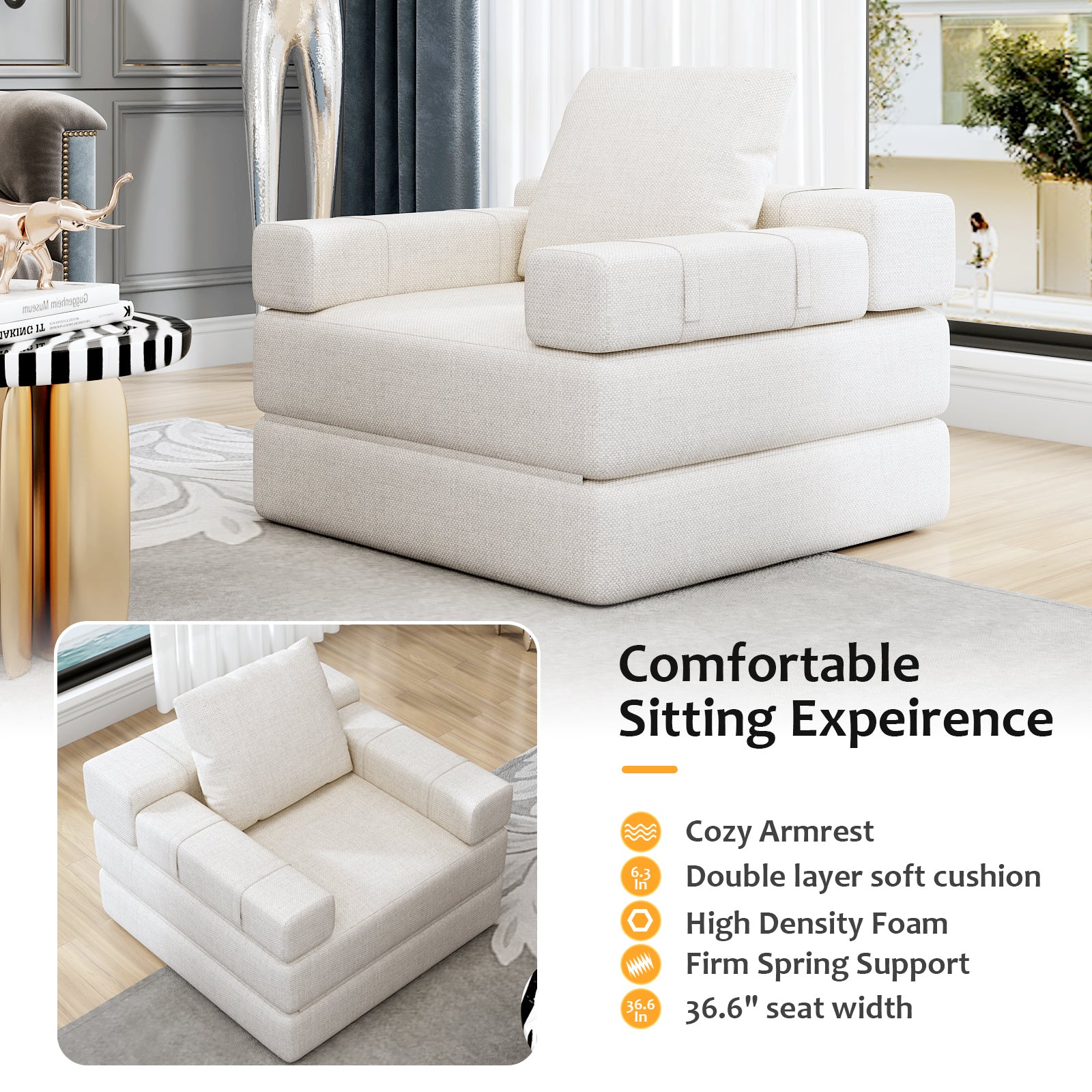 Single sofa chair that converts to a single sofa bed for living room, guest room, playroom, white