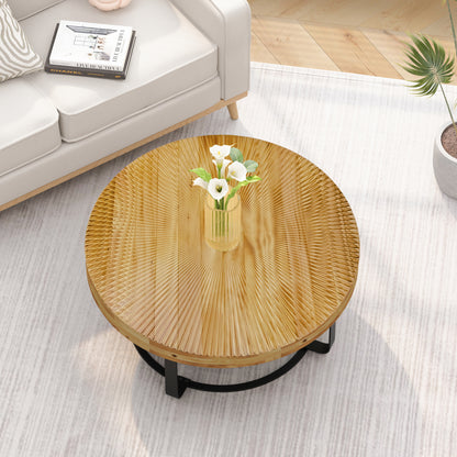 Modern Round Coffee Table Wooden Carving Pattern Coffee Table with Metal Legs for Living Room Reception Room Office ,Black