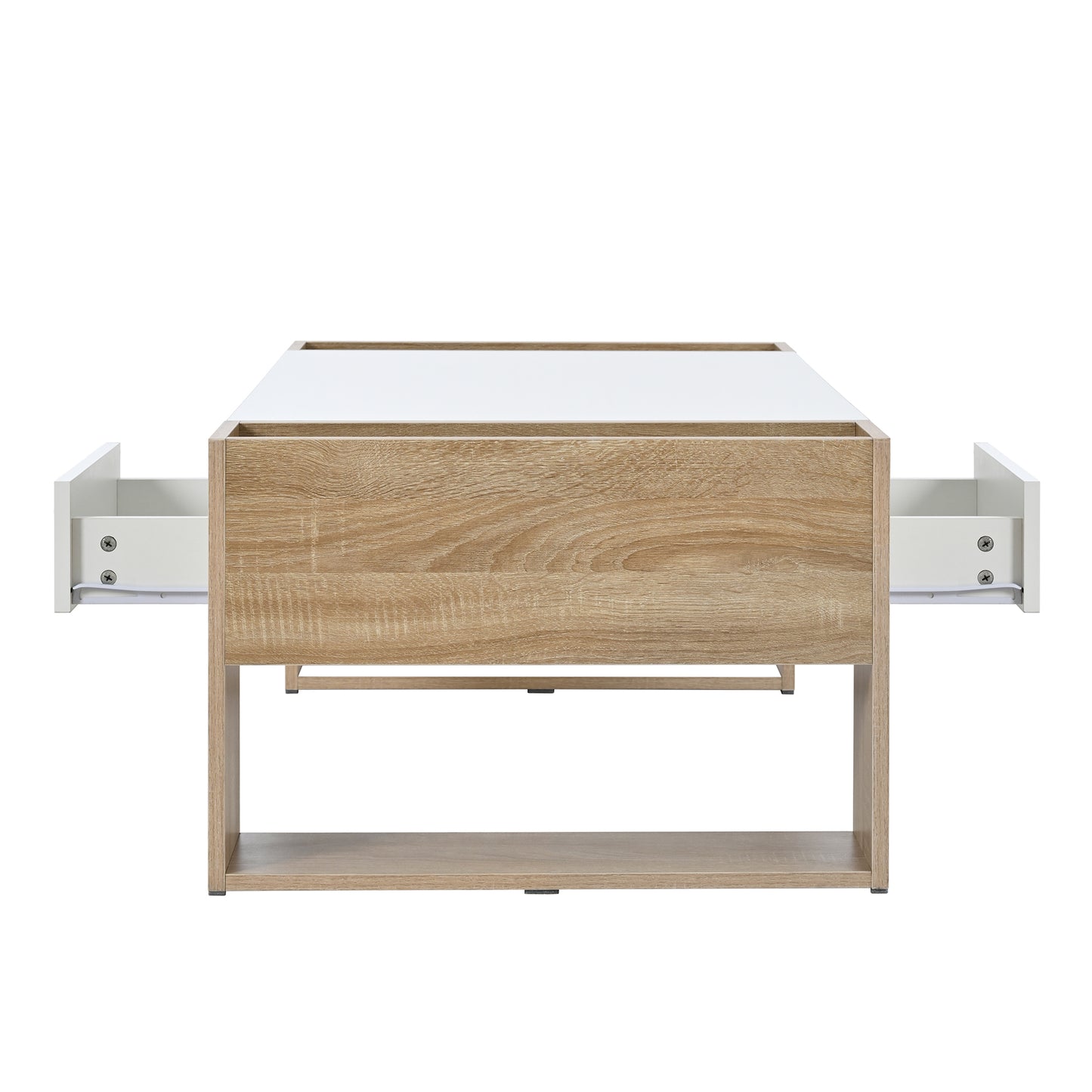 ON-TREND High Glossy Coffee Table with 2 Drawers, Practical Two Tone Center Table with Hidden Compartments, Rectangle Cocktail Table with Open Storage Shelf for Living Room, Bedroom, White, 41.3*23.6"