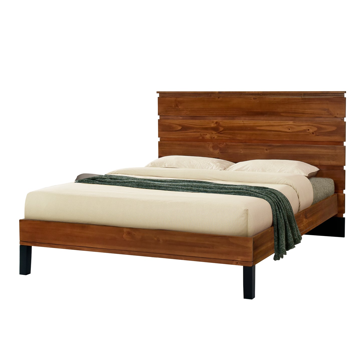 Mid-Century Modern Solid Wood Bed Frame Queen Size Platform Bed with Six-Piece Headboard Design, No Box Spring Needed, Brown