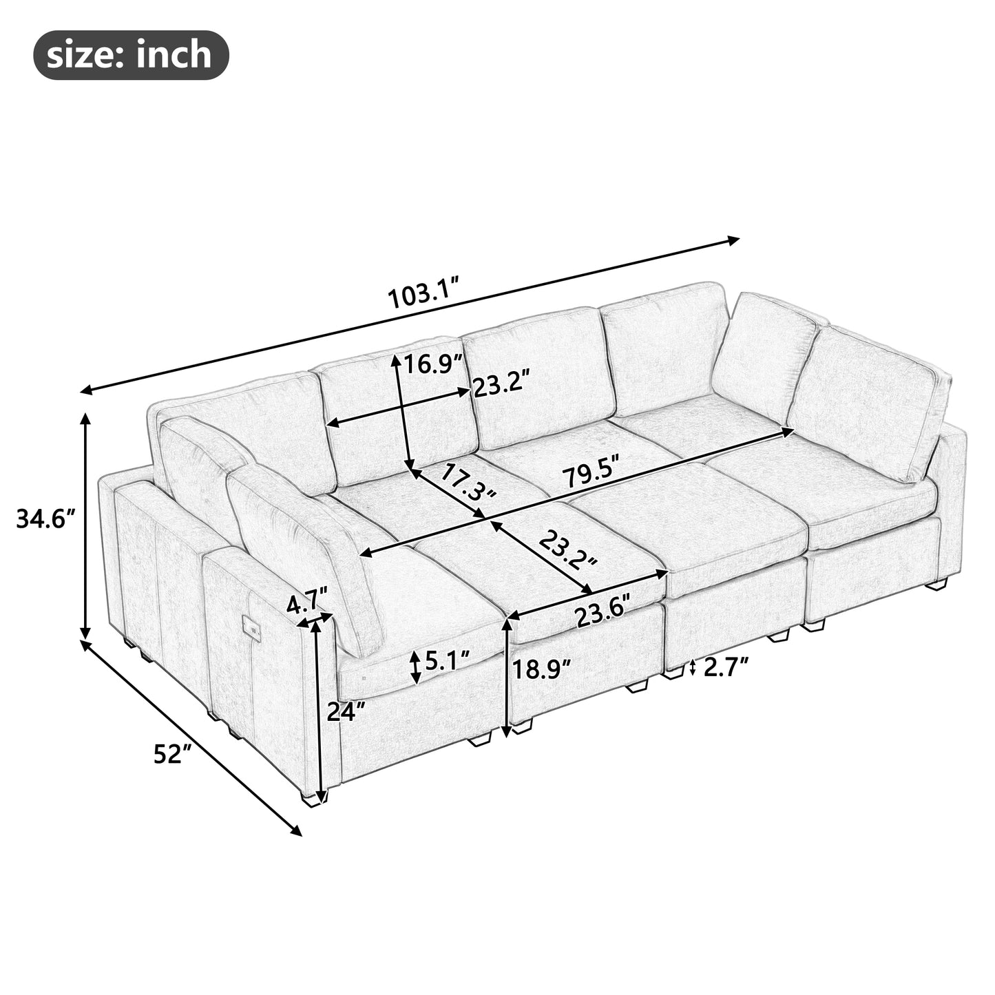 103" Sectional Sofa Couch Sofa Bed U-shaped Sofa with Two Movable Ottoman and Three USB Ports for Living Room, Beige