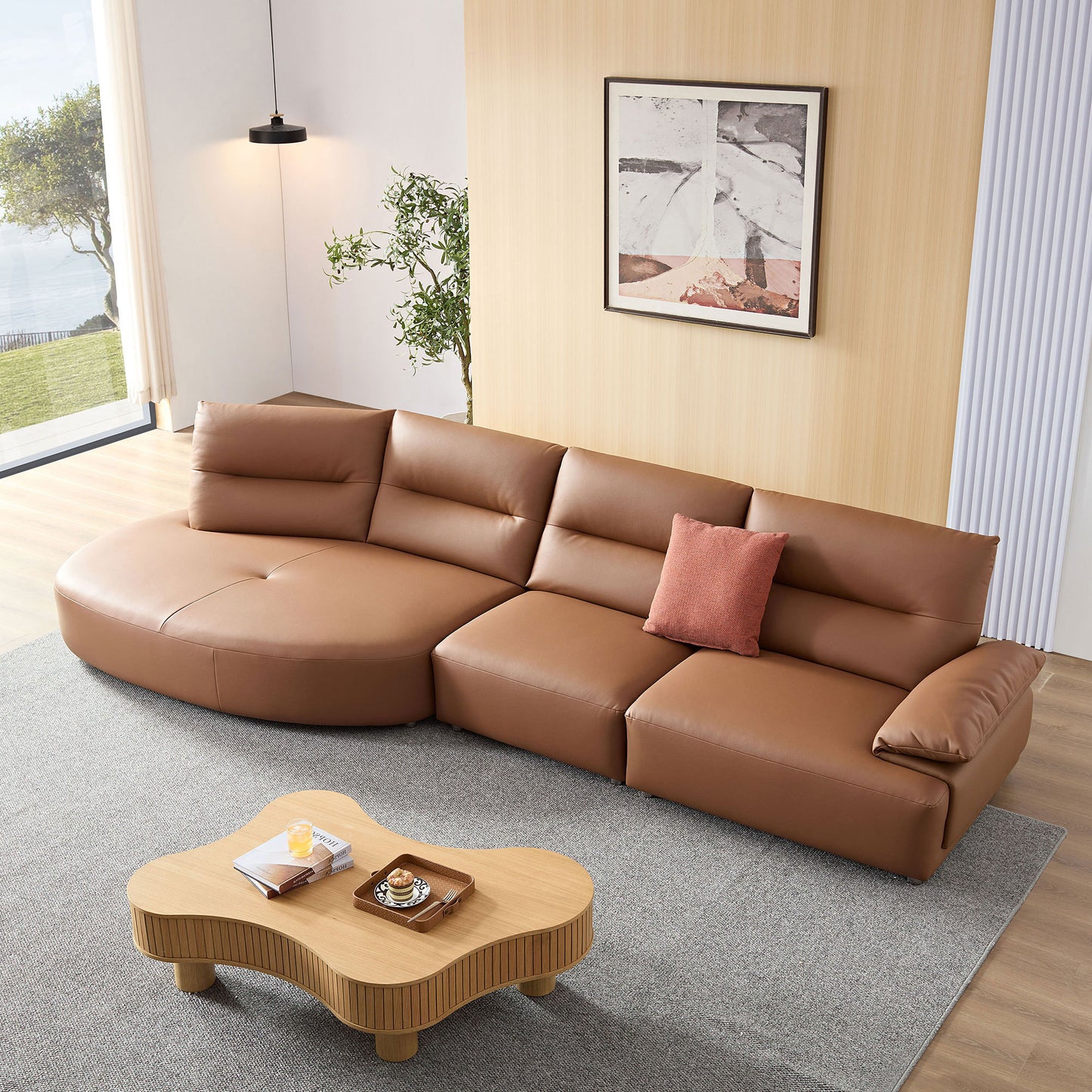 147.24'' Oversied Modern Sectional Curved Shaped Sofa Couch for Living Room,Upholstered 5-Seat Sofa Eco-leather Couch Set ,Brown