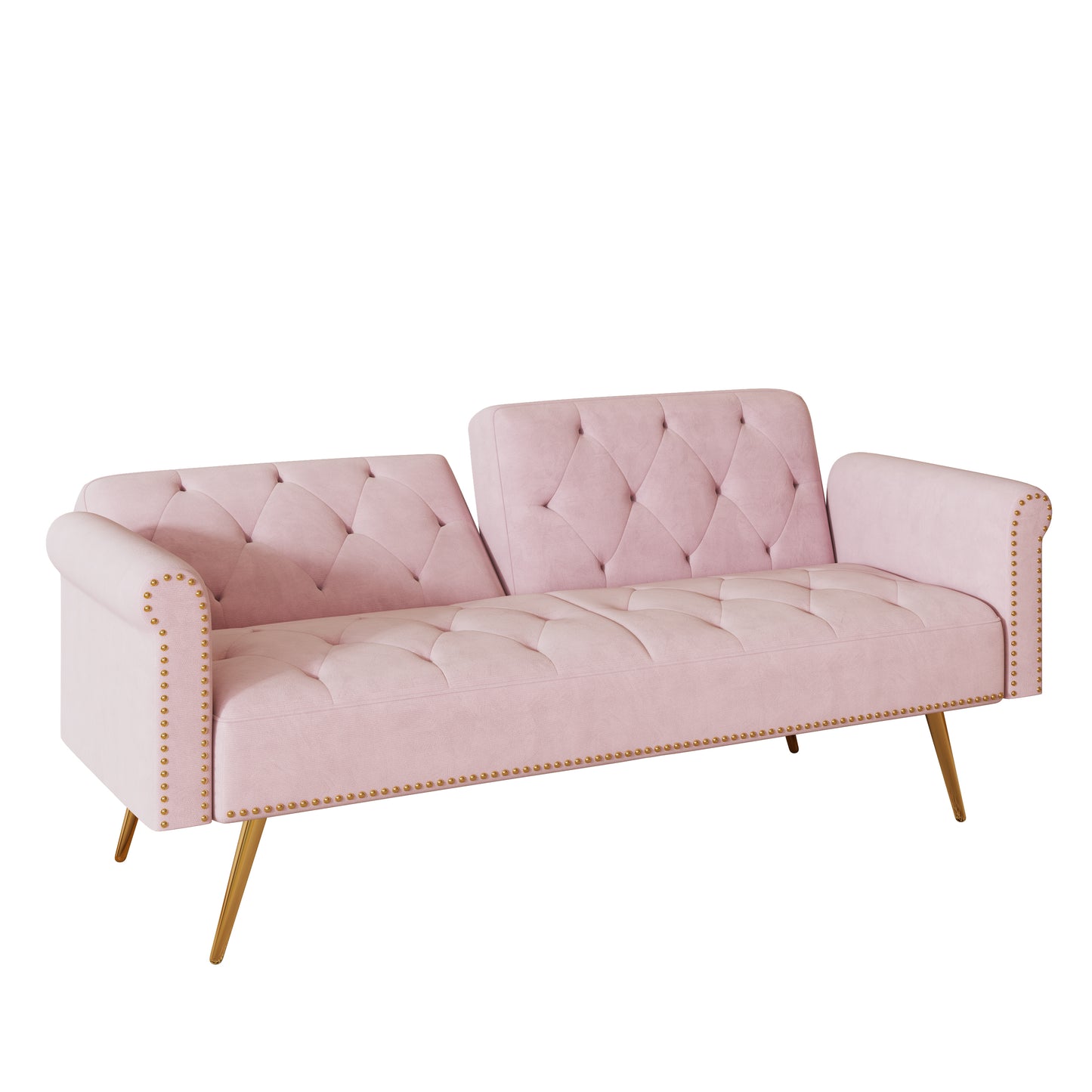 69.7 inch pink velvet nail head sofa bed with throw pillow