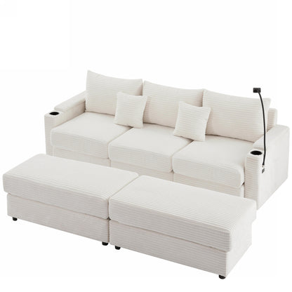 95.3" Modern Style 3-Seater Sofa Sectional Sofa Couch with Storage Space, Two Movable Ottomans, Two USB Ports, Two Cup Holders, A Phone Holder for Living Room, Beige