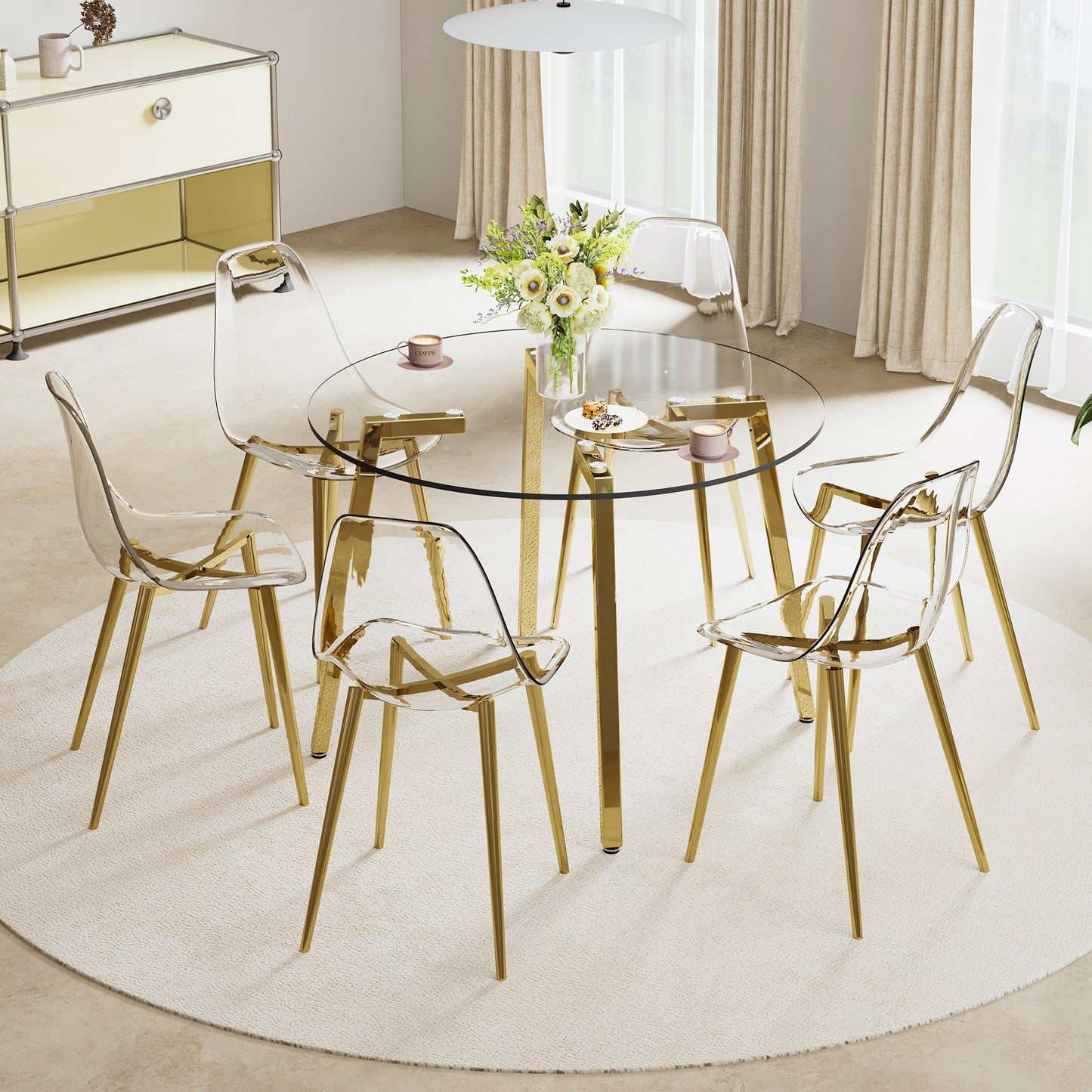 Table and chair set.Modern Luxurious Round Tempered Glass Dining Table Set-40*40 inch with 6 Transparent Plastic Dining Chair with Gold Metal Legs.Bring a comfortable home experience to the kitchen.