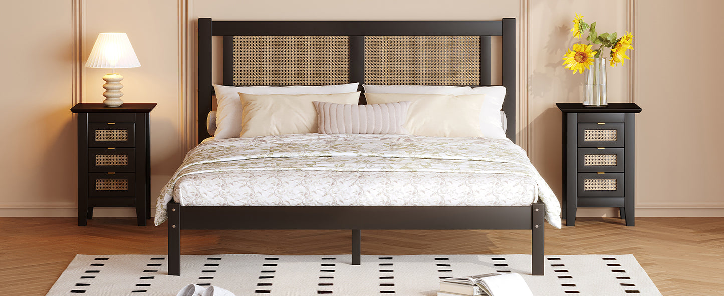 Queen Size Wooden Platform Bed with Natural Rattan Headboard, Exquisite Elegance with Minimalist Charm for Bedroom, Black