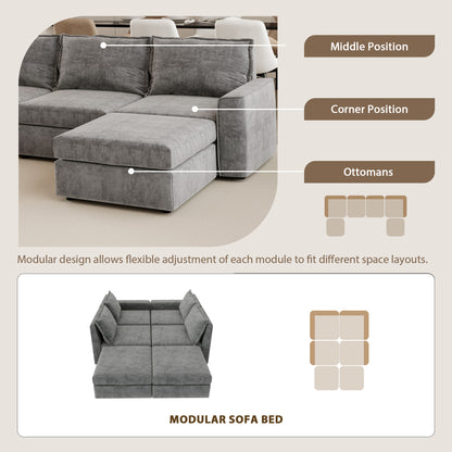 [VIDEO provided][New]115*58" Chenille Modular Sectional Sofa,U Shaped Reversible Couch,Free Combination,6 Seat Sleeper Sofa Bed with Ottoman,Convertible Oversized Indoor Furniture for Living Room,Gray