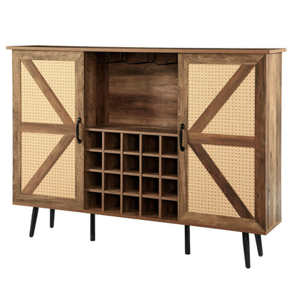 Oak Color Faux Rattan Barn Door Wine Cabinet with Wine Rack and Wine Glass Rack, Double Door Design with Removable Shelves, Rustic Wood Storage Cabinet