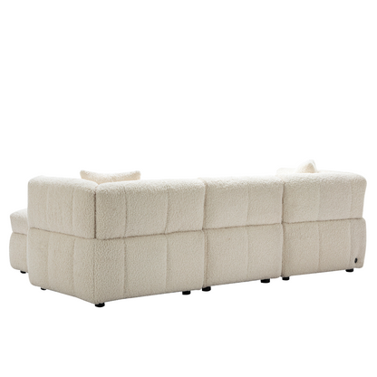 87.7" Sectional Sofa Cozy Teddy Fleece Fabric Sectional Sofa Couch with Two USB Ports a Movable Storage Ottoman and Two Lumbar Pillows for Living Room, Creamy White