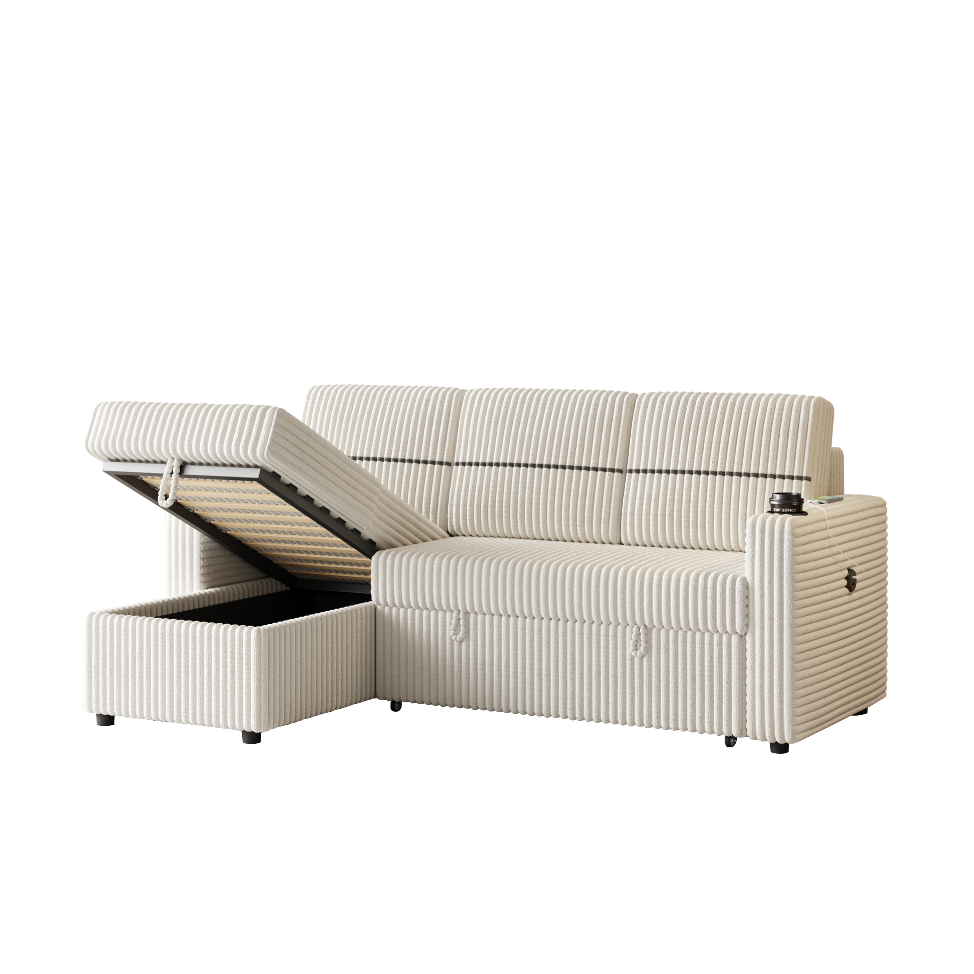 85 Inches Corduroy Sofa Bed, 3 Seater Sleeper Sofa with Storage Chaise, Square Handrail With Two Cup-holder And USB Charge Port, Pull Out Couch for Living Room