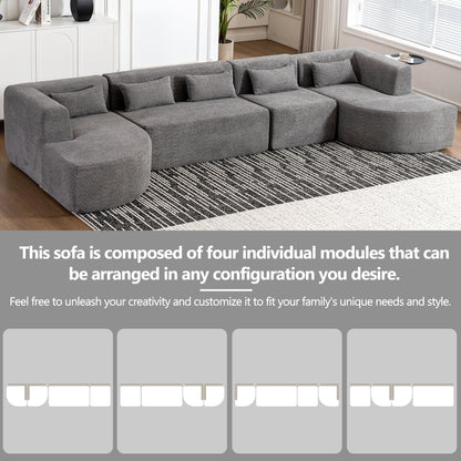 143.7" Upholstered Sofa Free-combined Sofa Couch with Two Chaise Lounge and Five Back Pillows for Living Room, Light Gray