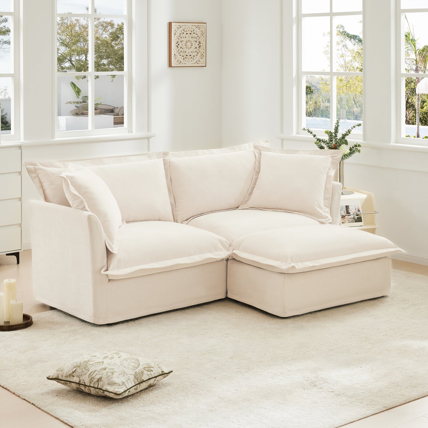 Slipcovered Sectional 2 Seater Sofa Couch with Convertible Ottoman, Wide and Deep Seat L Shaped Sofa with Detachable Cover and Soft Multiple Big Pillows, Chenille Fabric, Cream