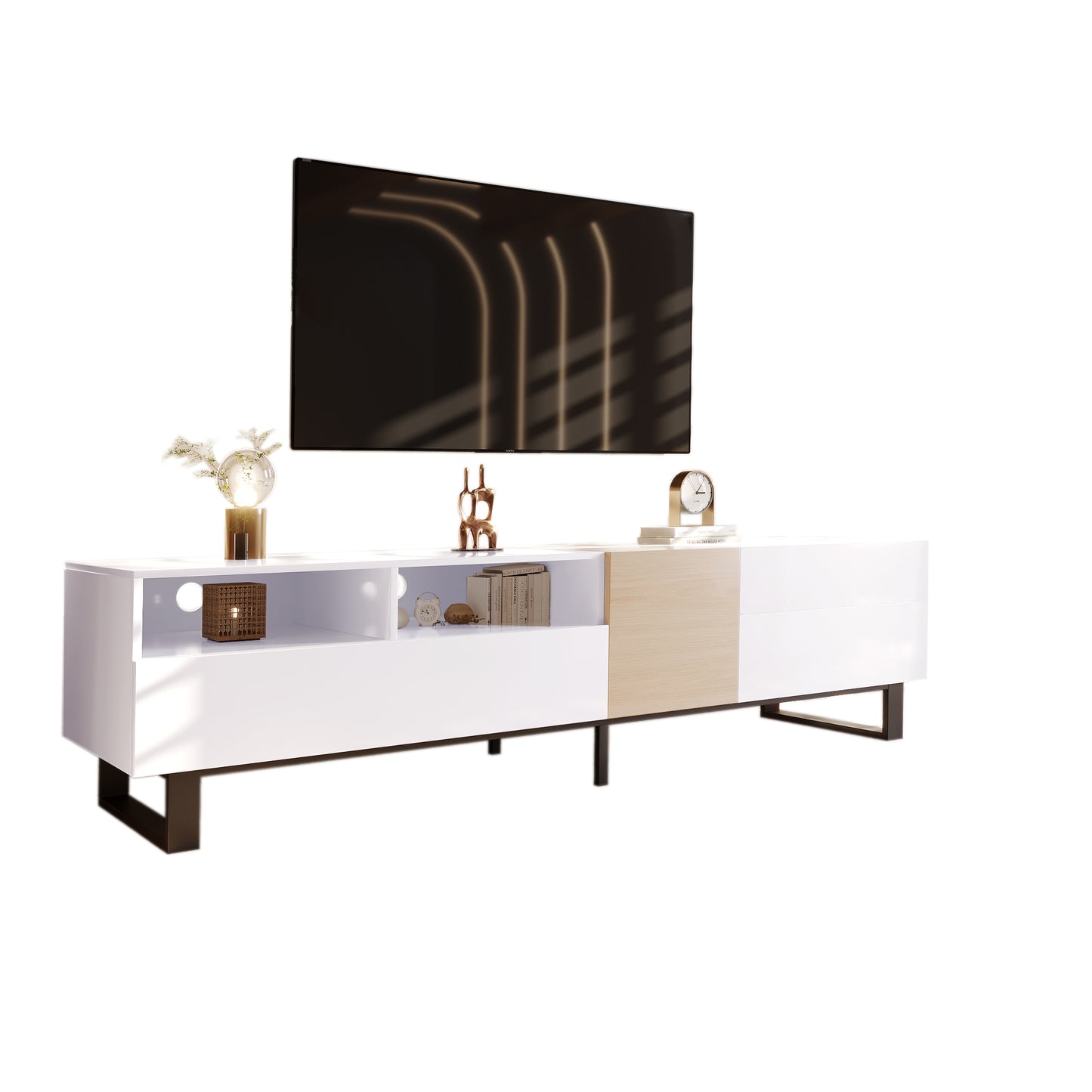 Modern TV Stand for 80'' TV with Double Storage Space, Media Console Table, Entertainment Center with Drop Down Door for Living Room, Bedroom, Home Theatre