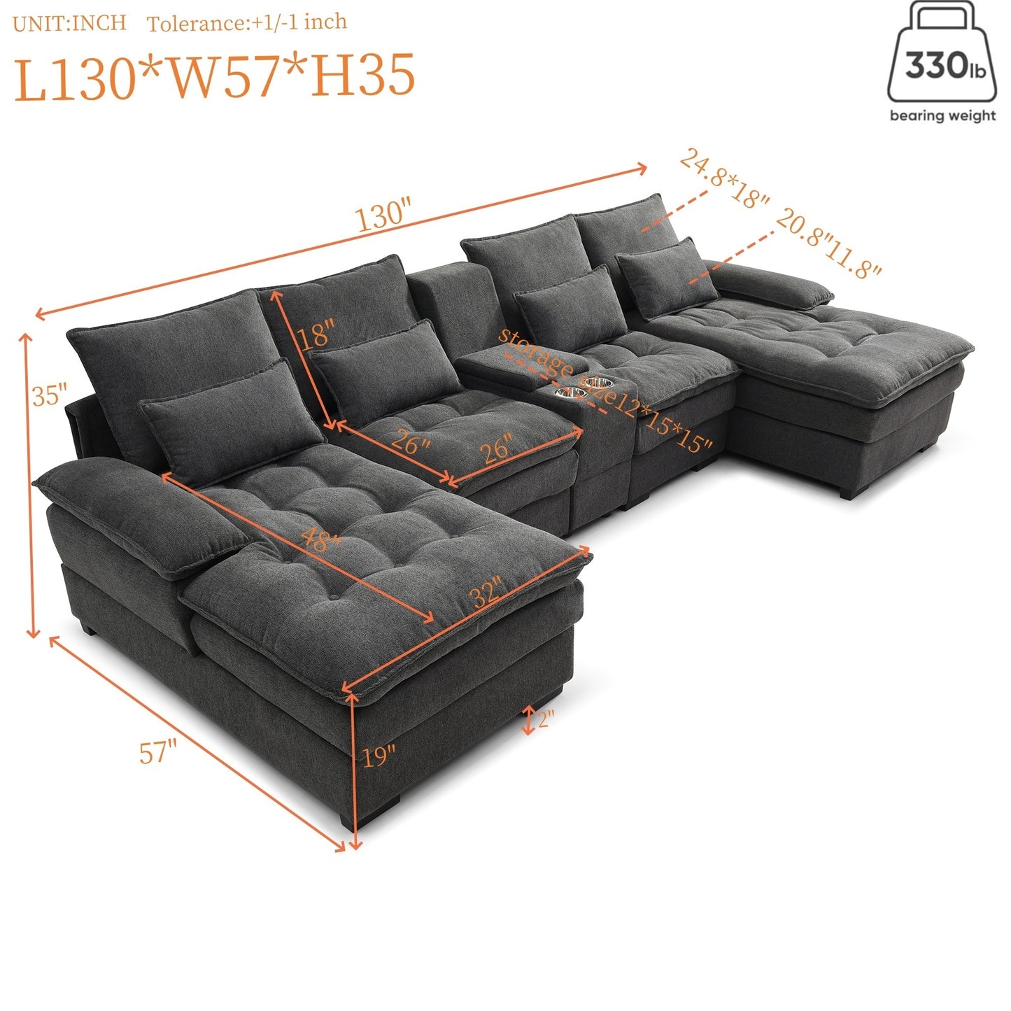 130"  U-shaped Sofa with Console,Cupholders,6-seat Upholstered primary living space Furniture,Sleeper Couch Set with Chaise for Living Room,Apartment, (Gray)