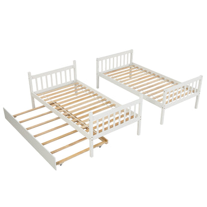 Twin Over Twin Bunk Beds with Trundle, Solid Wood Trundle Bed Frame with Safety Rail and Ladder, Kids/Teens Bedroom, Guest Room Furniture, Can Be converted into 2 Beds, White (Old Sku:W504S00028)