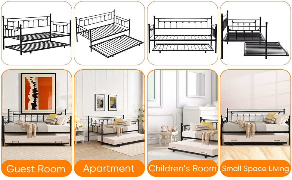 Twin Size Metal Daybed with Pull Out Trundle, Modern 2 in 1 Sofa Bed Frame for Kids Teens Adults,Single Daybed Sofa Bed Frame for Bedroom Living Room Guest Room,No Box Spring Needed