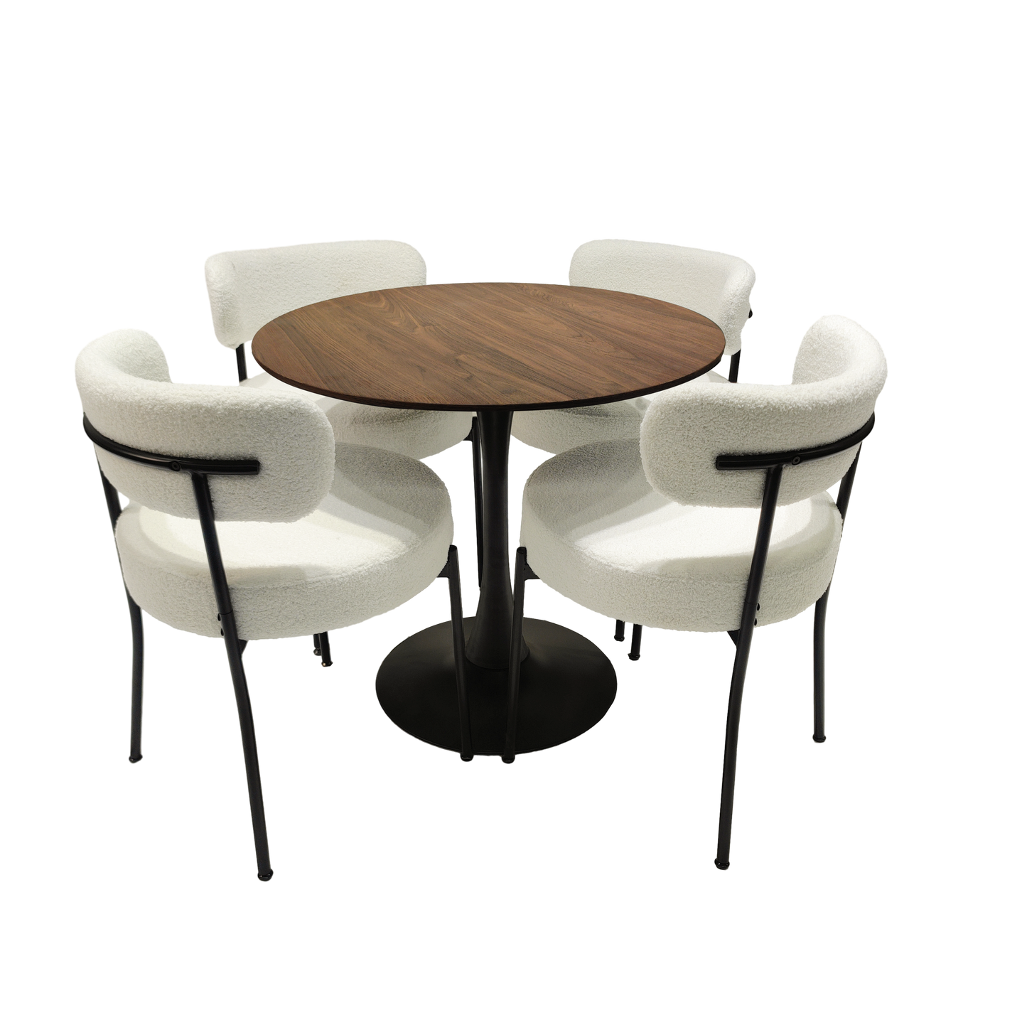 White Dining Chairs Set of 2, Mid-Century Modern Dining Chairs, Kitchen Dining Room Chairs, Curved Backrest Round Upholstered Boucle Dining Chair with Black Metal Legs