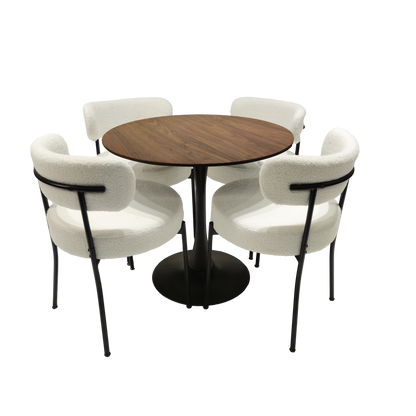 White Dining Chairs Set of 2, Mid-Century Modern Dining Chairs, Kitchen Dining Room Chairs, Curved Backrest Round Upholstered Boucle Dining Chair with Black Metal Legs