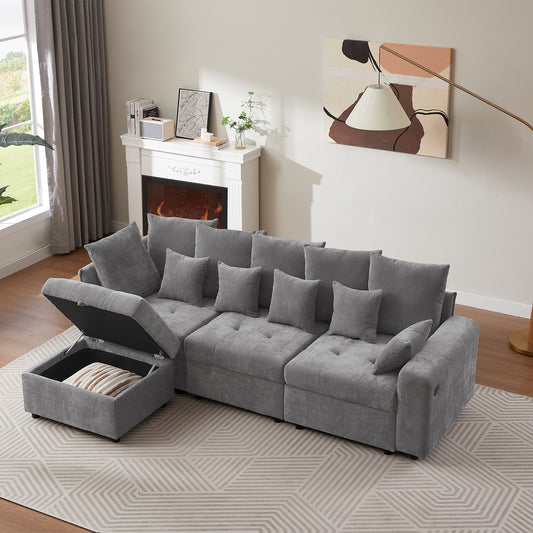 96.45"Sectional sofa Modular Sofa Couch with Three USB Ports, a Removable Storage Ottoman and Five Back Pillows for Living Room, Grey