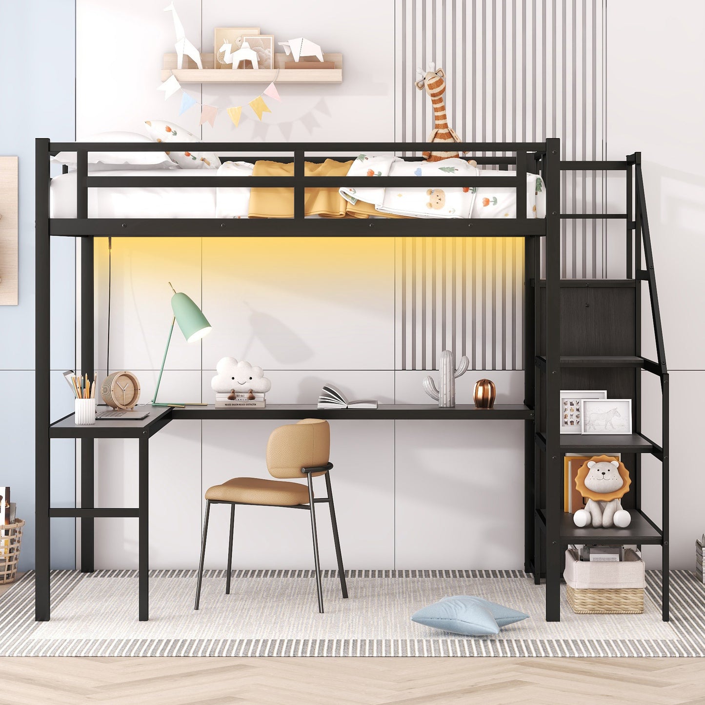 Full Size Loft Bed with L-shaped Desk and USB, Metal Loft Bed with Wardrobe and Adjustable Shelf, High Loft Bed with LED for Kids Teens Adults, Black