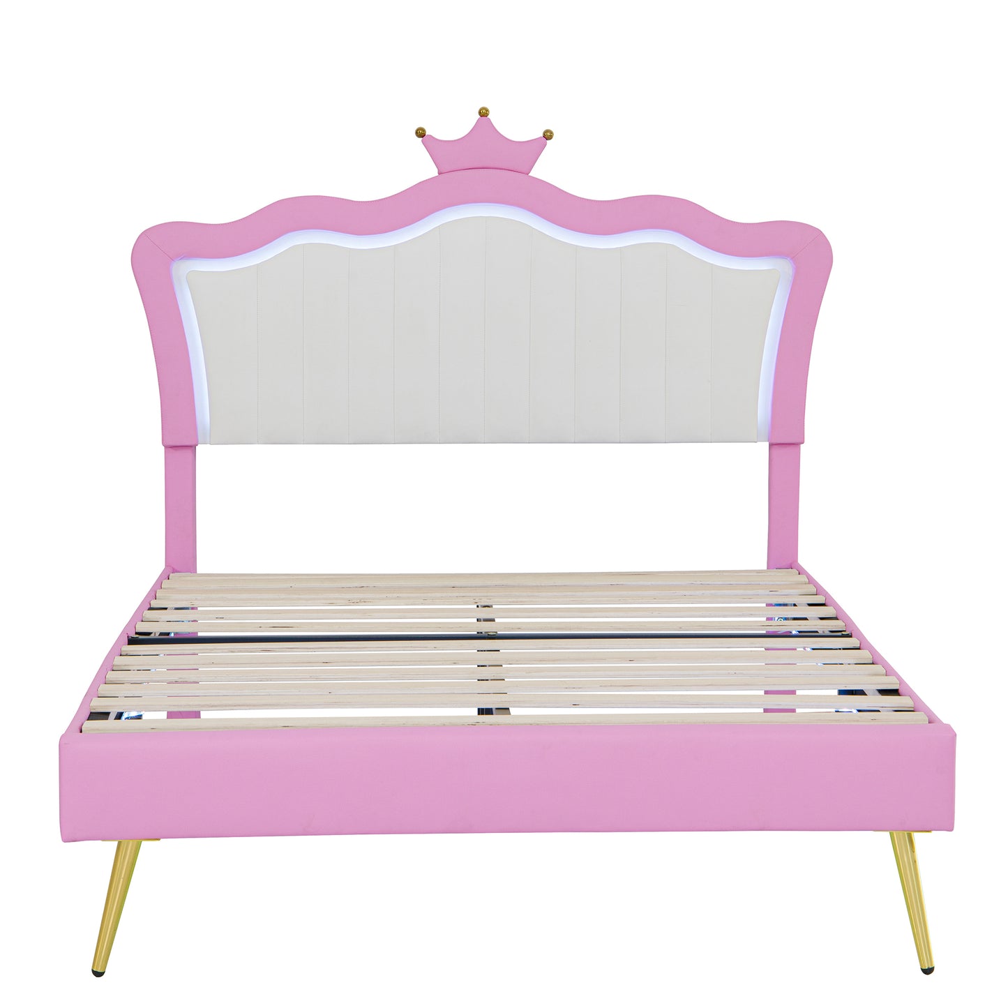 Full Size Upholstered Bed Frame with LED Lights, Modern Upholstered Princess Bed with Crown Headboard, Pink+White