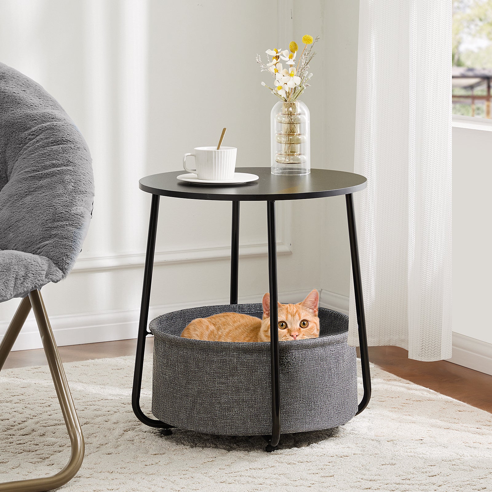 Small Round Side End Table for Living Room, Modern Nightstand Bedside Table with Fabric Basket for Bedroom Nursery, Side Table with Steel Frame - Black & grey