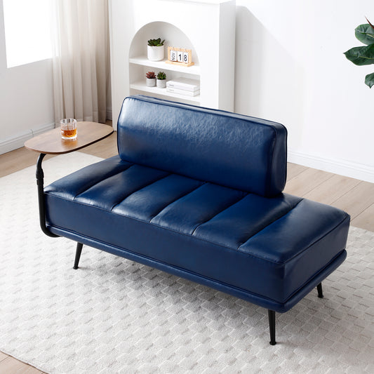 55"Inch Width Modern End of Bed Bench,Blue Faux Leather Upholstered With side table, 360-degree Swivel tray couch,Entryway Ottoman,Window Bench with  Metal Legs for Bedroom, Living Room