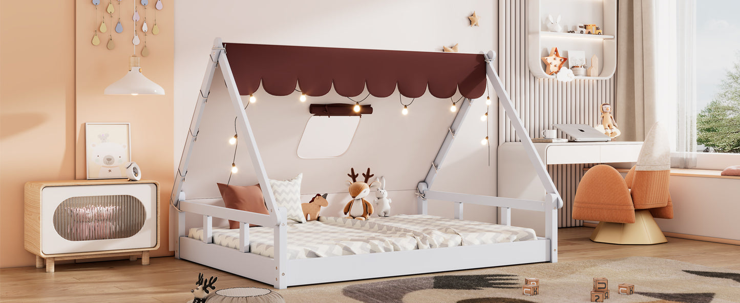 Wooden Full Size Tent Bed with Fabric for Kids,Platform Bed with Fence and Roof, White+Brown