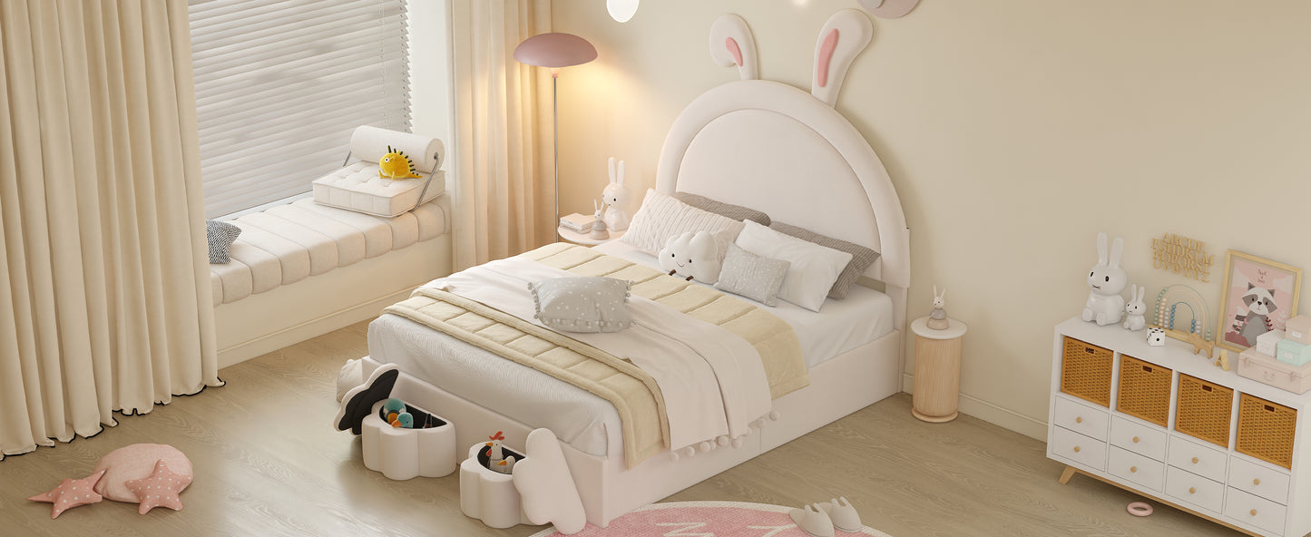 Full size Upholstered Rabbit-Shape Bed with 2 Storage Stools, Velvet Platform Bed with Cartoon Ears Shaped Headboard, White