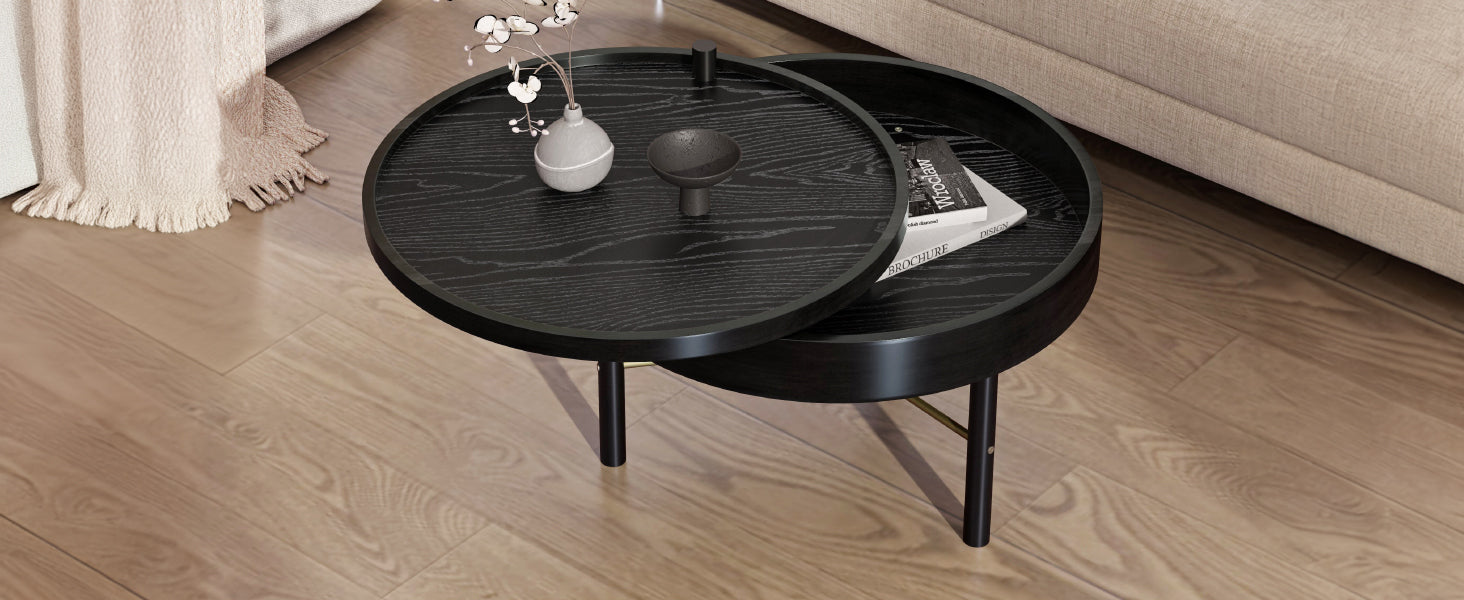 Modern Round Wood Rotating Tray Coffee Table with Storage & Metal Legs in Black