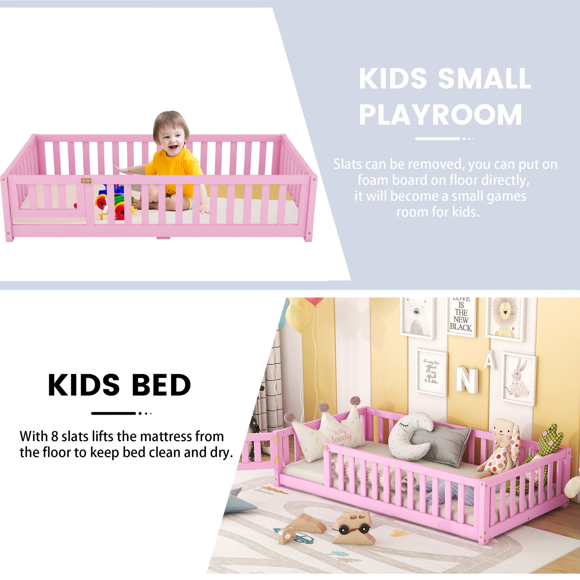 Twin Size Bed Floor Bed with Safety Guardrails and Door for Kids, Pink