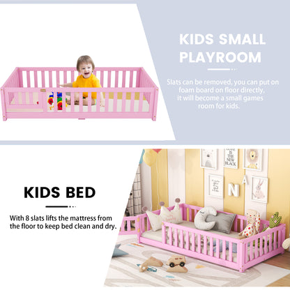 Twin Size Bed Floor Bed with Safety Guardrails and Door for Kids, Pink