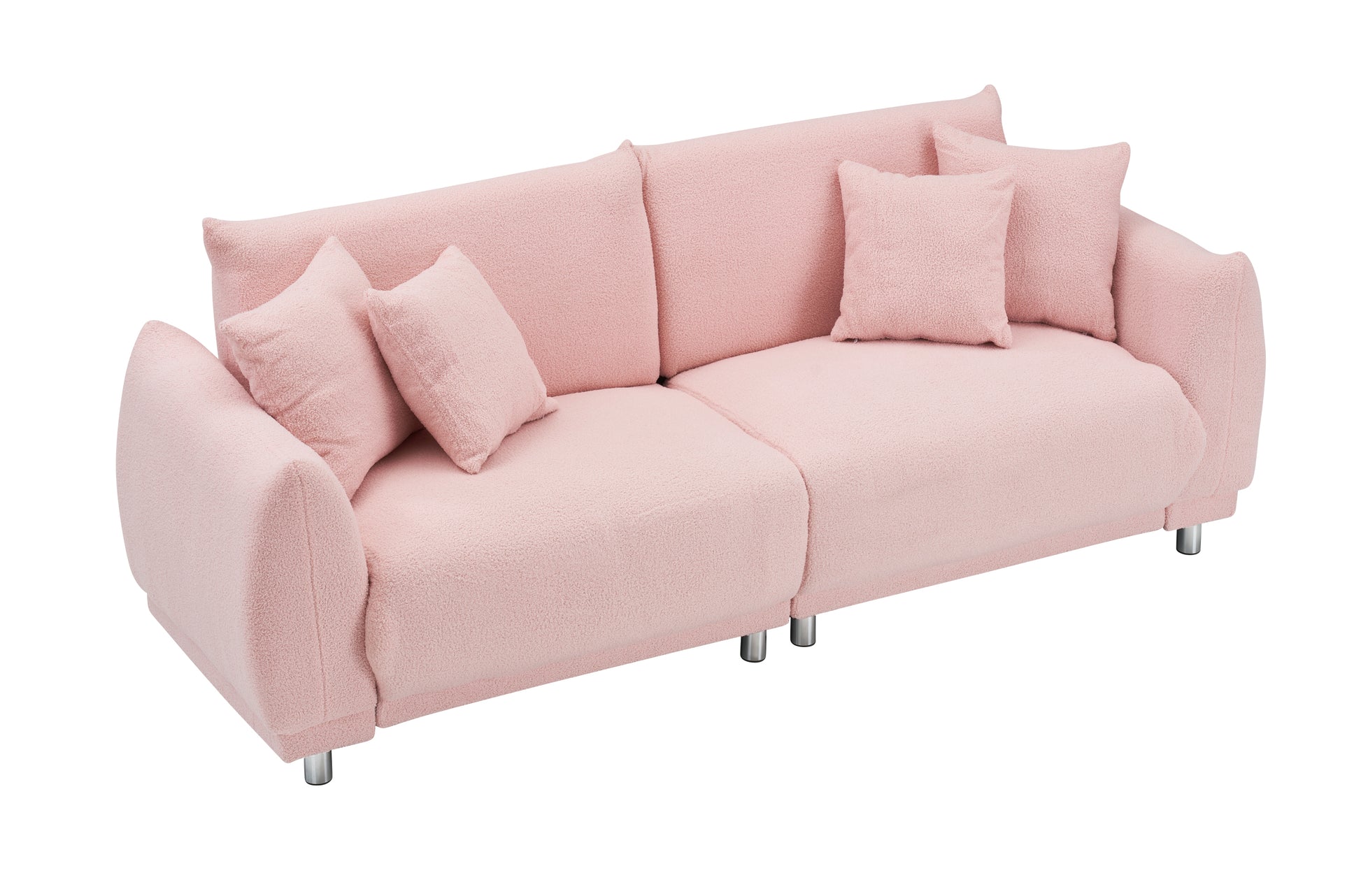 The 86.6 inch teddy fleece pink sofa with four throw pillows and hardware feet can sit comfortably in an apartment bedroom without taking up space