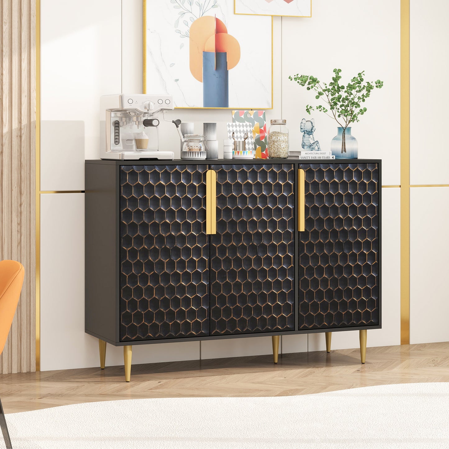 3 Door Storage Cabinet,Buffeet Sideboard with Adjustable Shelves,Honeycomb Seamless Hexagons Pattern Metal Door for Living Room,Dinging Room,Kitchen,Entrance