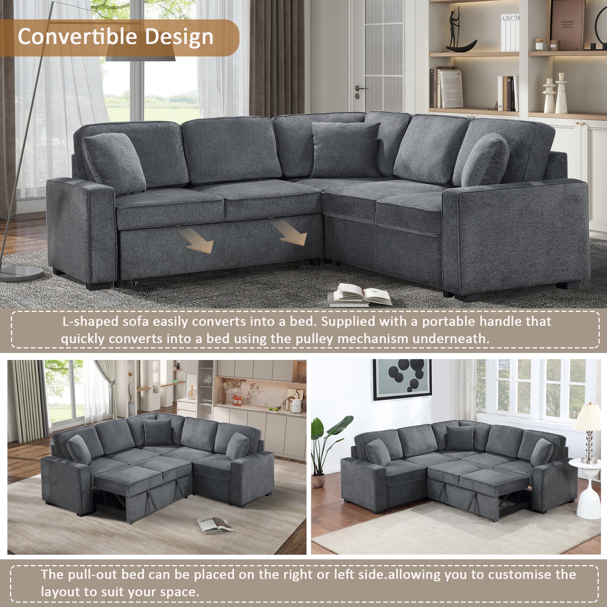 Modular Sofa, Sectional Couch L Shaped Sofa Couch with Pullout Sleeper, 5 Seat Chenille Corner Sofa for Living Room, 3 Pillows Included, Dark Gray