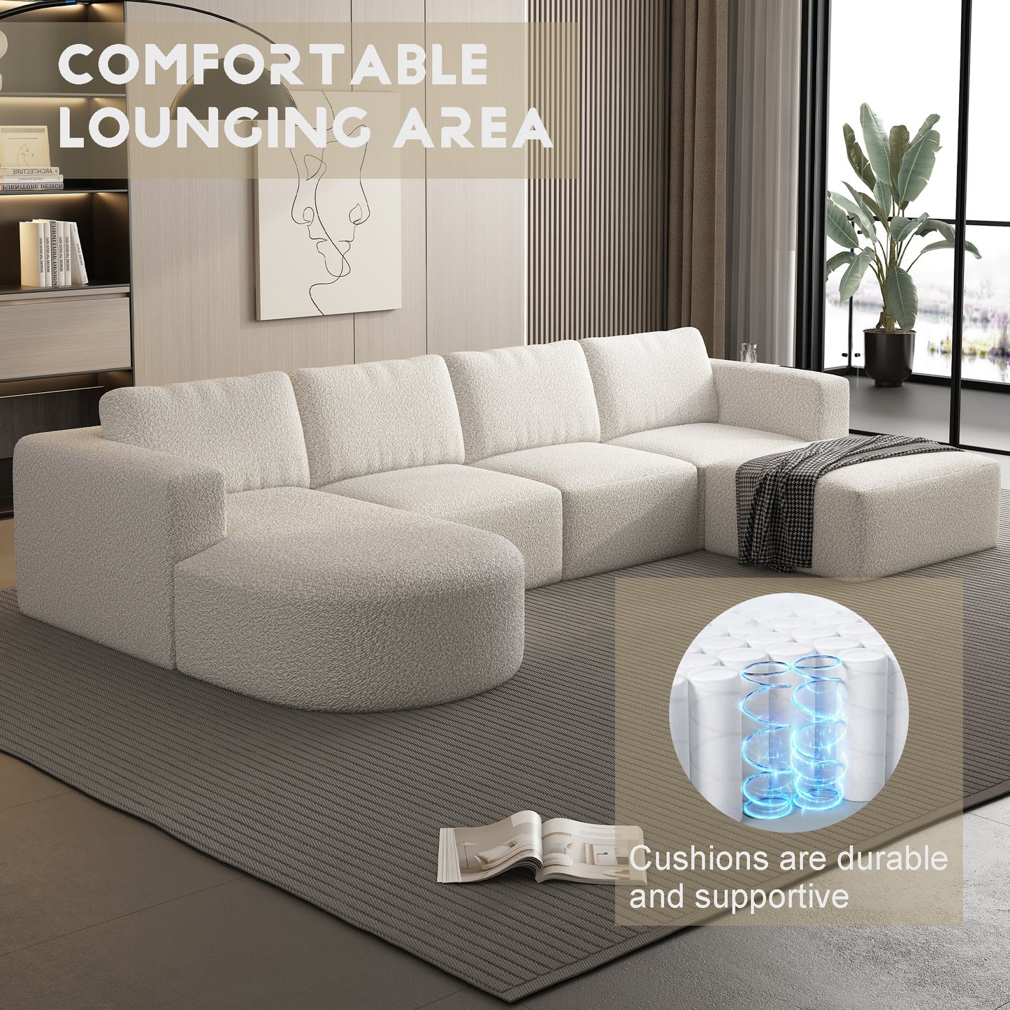 104.32*74.8 Modular Sectional Sofa Sleeper Couch, Sectional Sofa with Chaise and Ottoman, Convertible U Shaped Modular Sofa Set. Compressed sponge, White. (Combo 2A+2B+2D)