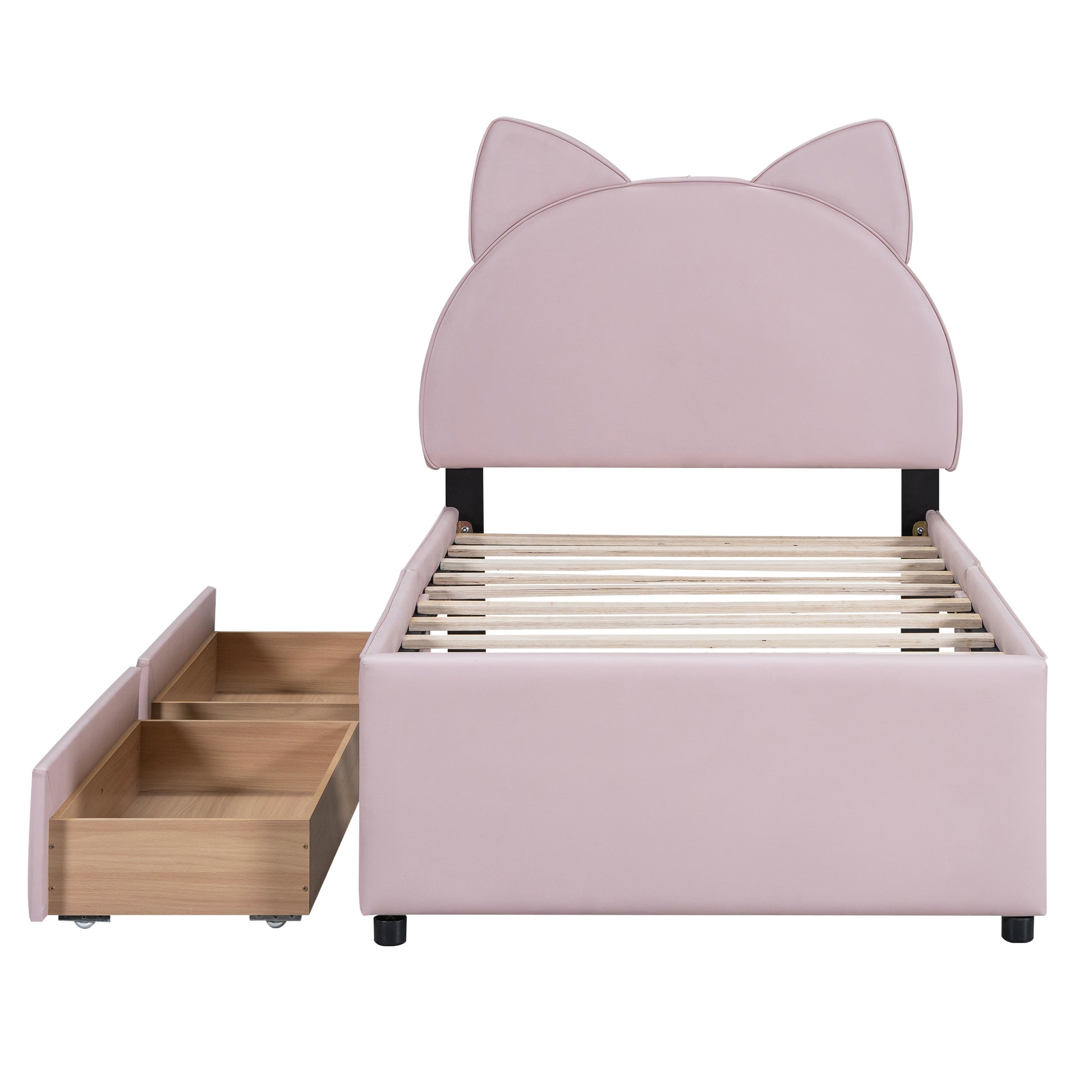 Twin Size Upholstered Platform Bed with Cartoon Ears Shaped Headboard and 2 Drawers, Pink