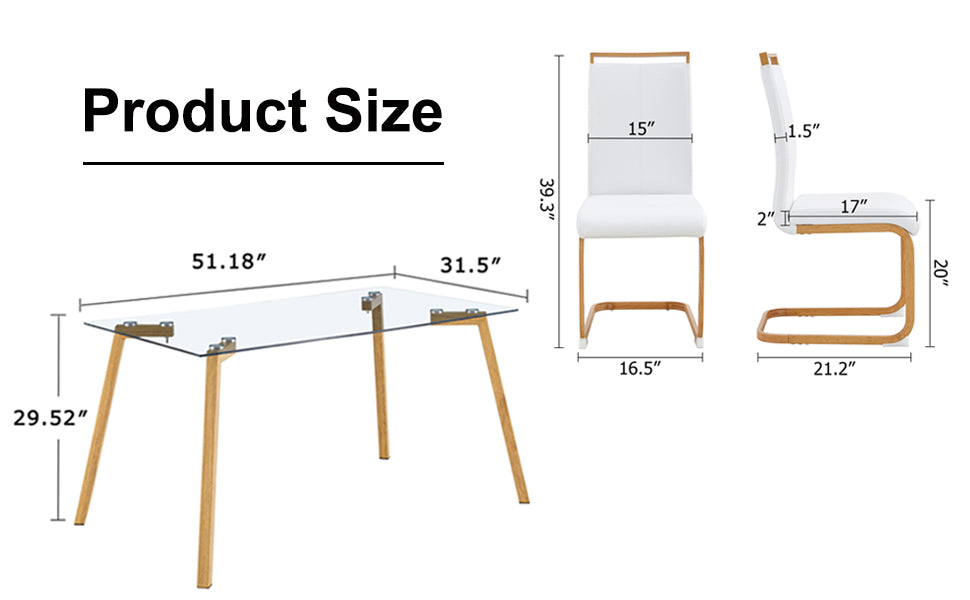 Table and chair set. 1 table and 4 white chairs. Glass dining table with 0.31 "tempered glass tabletop and metal legs. PU leather high back upholstered chair with wood color C-tube metal leg.1123 1162