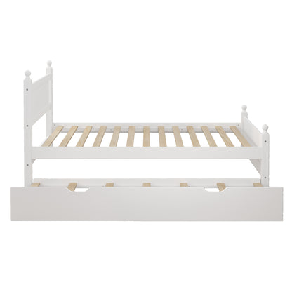 Full Size Solid Wood Platform Bed Frame with trundle for Limited Kids, Teens, Adults, No Need Box Spring, White