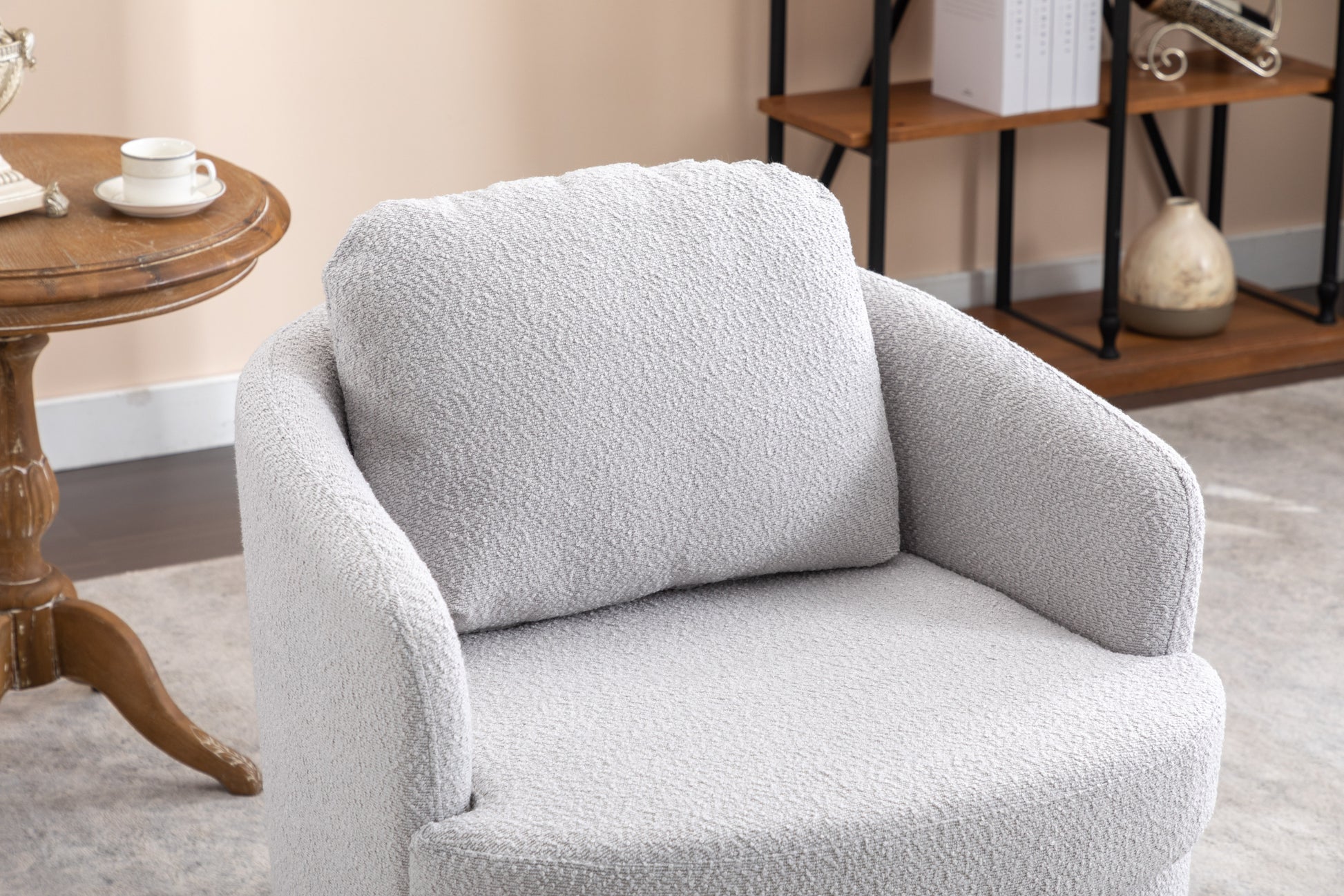 035-Boucle Fabric Swivel Accent Chair With Soild Wood Round Brown Base Leg,Light Gray