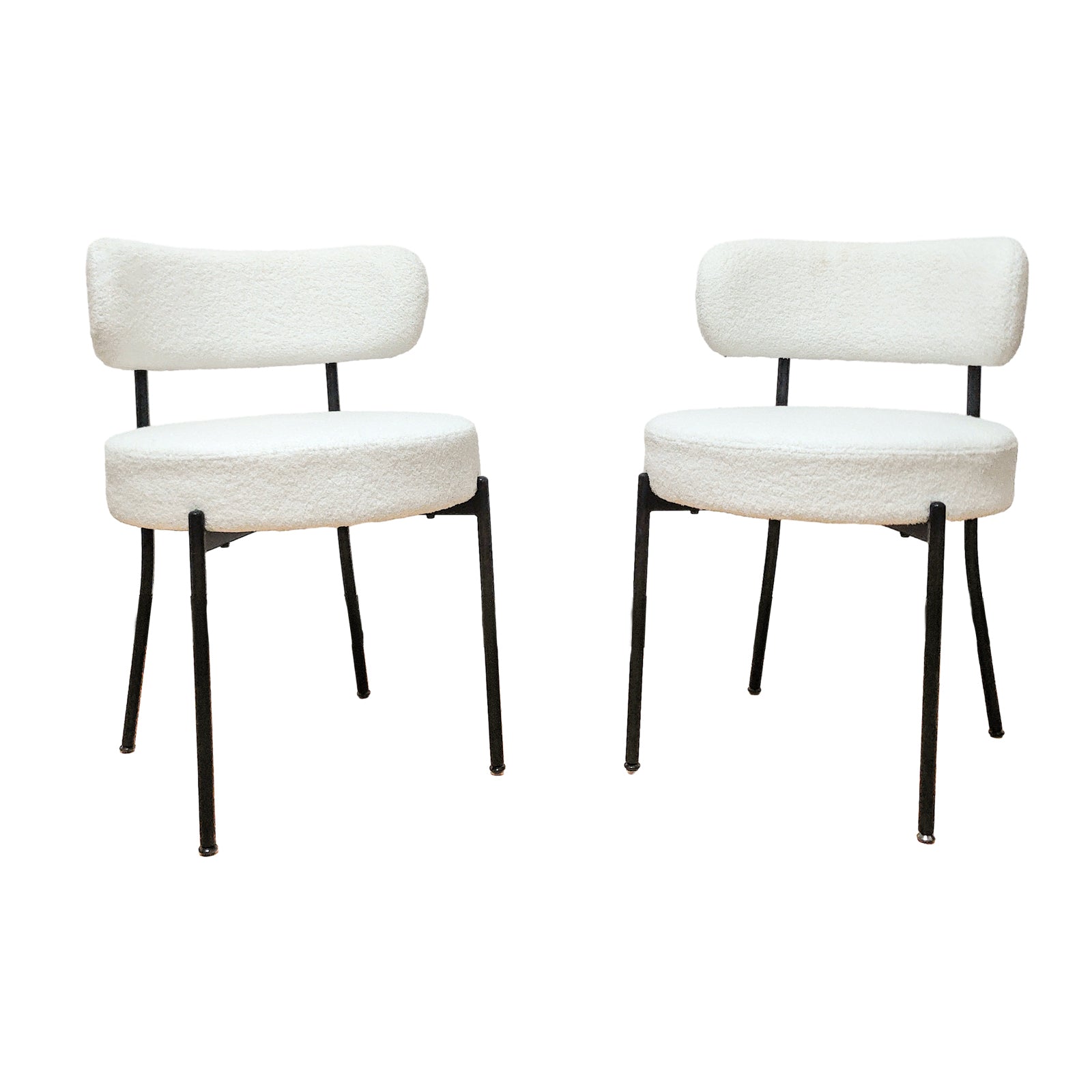 White Dining Chairs Set of 2, Mid-Century Modern Dining Chairs, Kitchen Dining Room Chairs, Curved Backrest Round Upholstered Boucle Dining Chair with Black Metal Legs