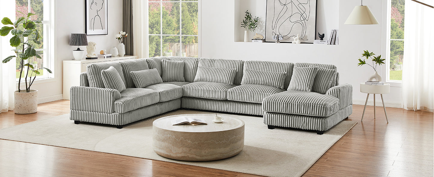 129" Oversized Sectional Sofa U-shaped Sofa Couch Modern Sofa Upholstered in Soft Corduroy with a Chaise Lounge for Living Room, Grey