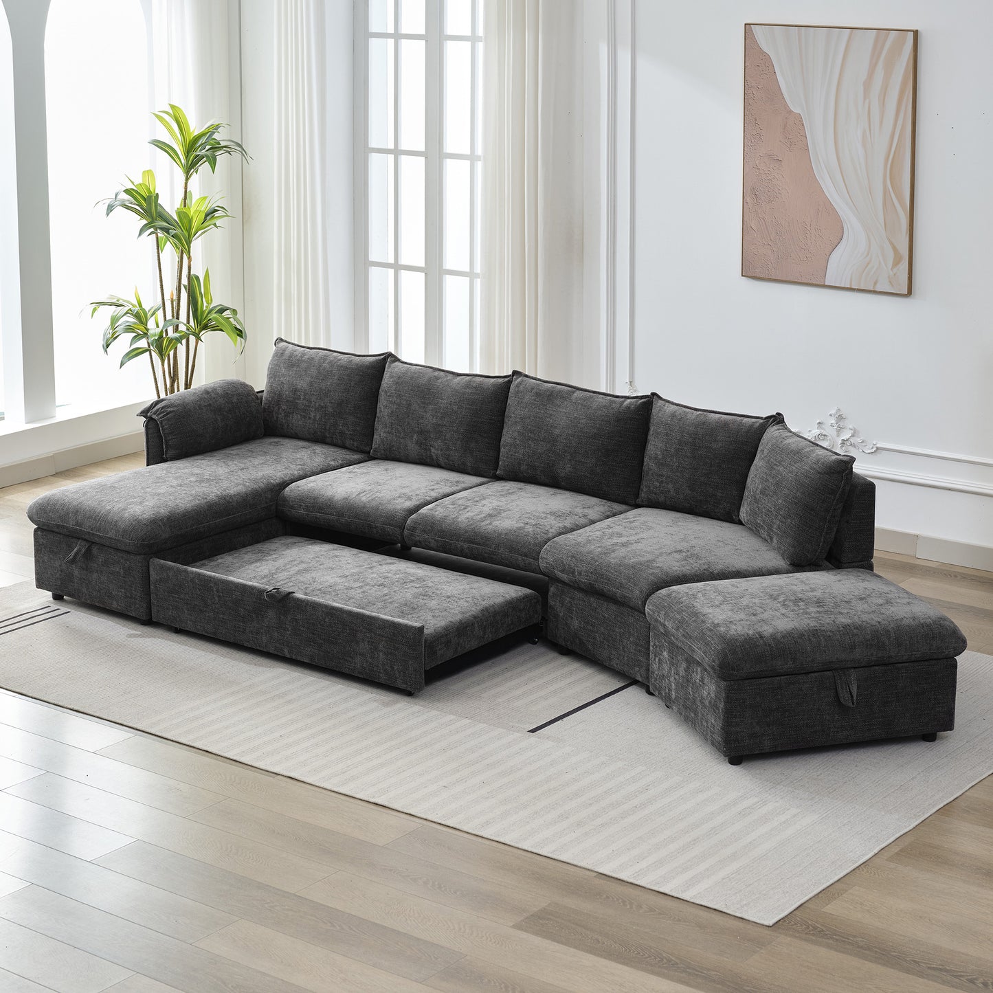 146.9" L-shaped Sofa Sectional Sofa Couch Pull-out Sofa Bed with a Movable Storage Ottoman, a Storage Chaise Lounge and Two USB Ports for Living Room, Grey