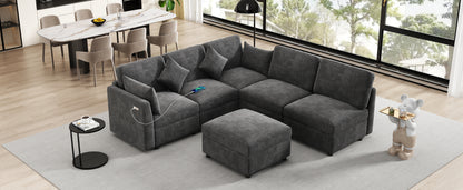 85.4" Sectional Sofa Modular Sofa U-shaped Sofa Couch Sofa Bed L-shaped Sofa with a Movable Ottoman and Two USB Ports for Living Room, Black