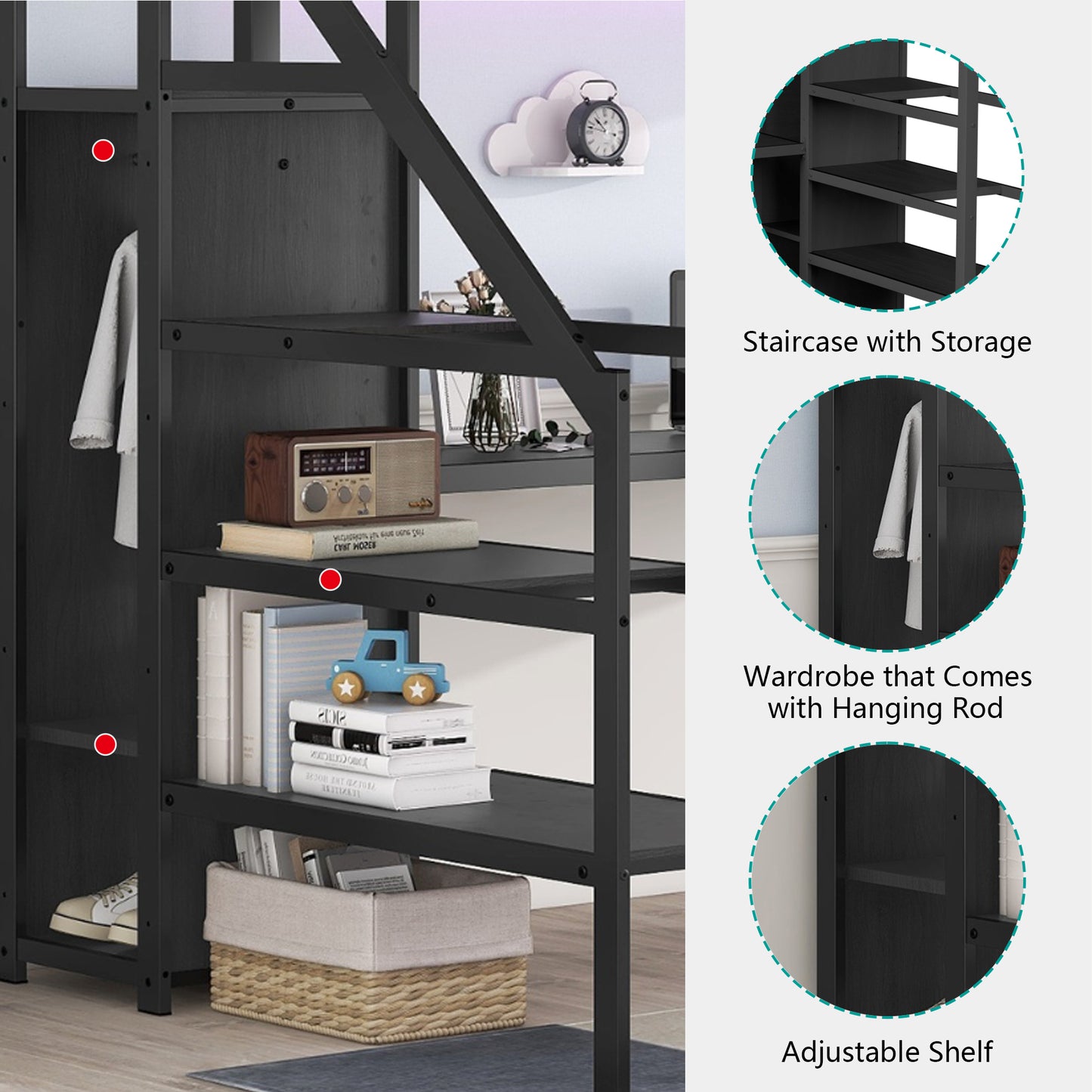 Full Size Loft Bed with L-shaped Desk and USB, Metal Loft Bed with Wardrobe and Adjustable Shelf, High Loft Bed with LED for Kids Teens Adults, Black